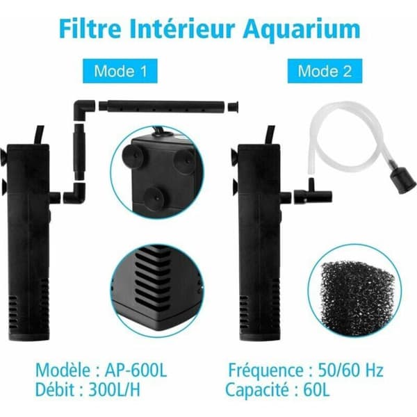 4W 300L/t Internt Akvariefilter til 60L Akvarier med Filtersvampe