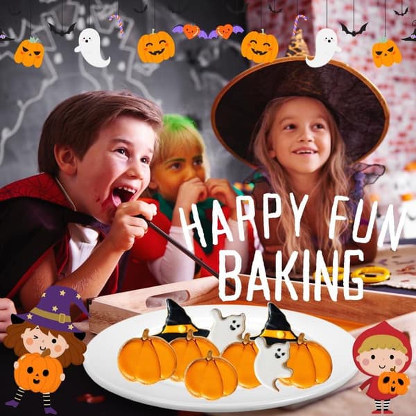 Halloween Kakepyntsett med 5 Kakepynt i Rustfritt Stål med Komfortabelt Grep for Baking - Gresskar, Flaggermus, Spøkelse, Katt, Trollmannhatt