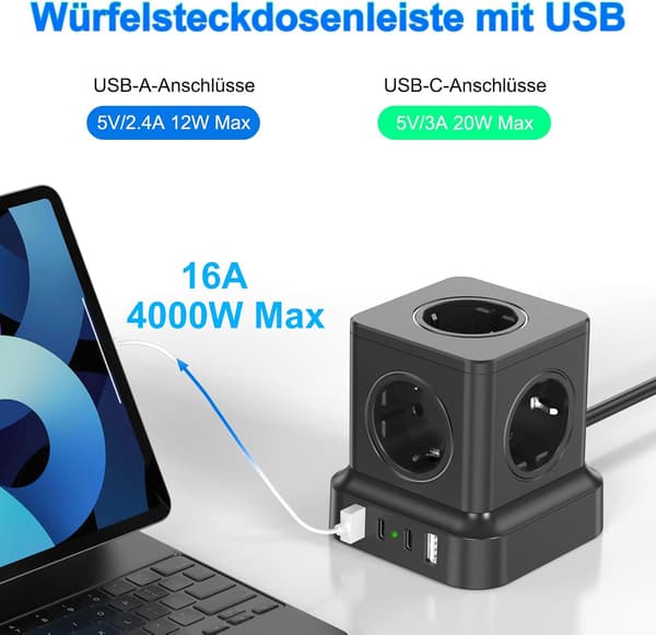 Grenuttak med USB 5 AC-uttak 2 USB-C 2 USB-A 1,8m Skjøteledning Svart