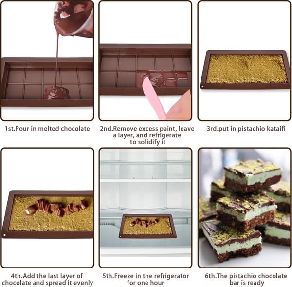st Chokoladebarforme, Silikone Dubai Chokoladebarforme, Dybe Let-slip Chokoladeforme, 10 Rum Non-Stick Slikforme (Brun)