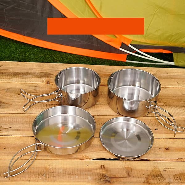 4 stk. rustfrie gryter/stekepanne/lokk for utendørs campingmatlaging