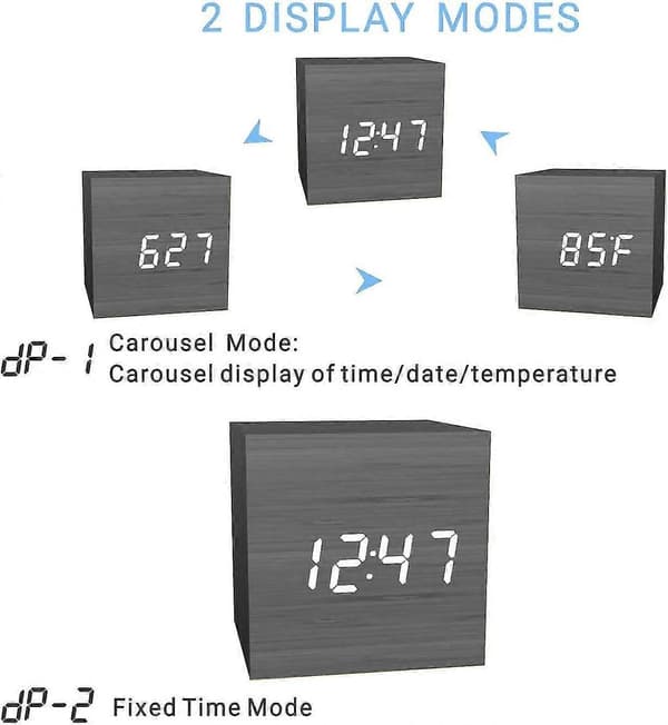 Digital väckarklocka, trä LED-ljus mini kub, visar tid datum temperatur, barn (svart)