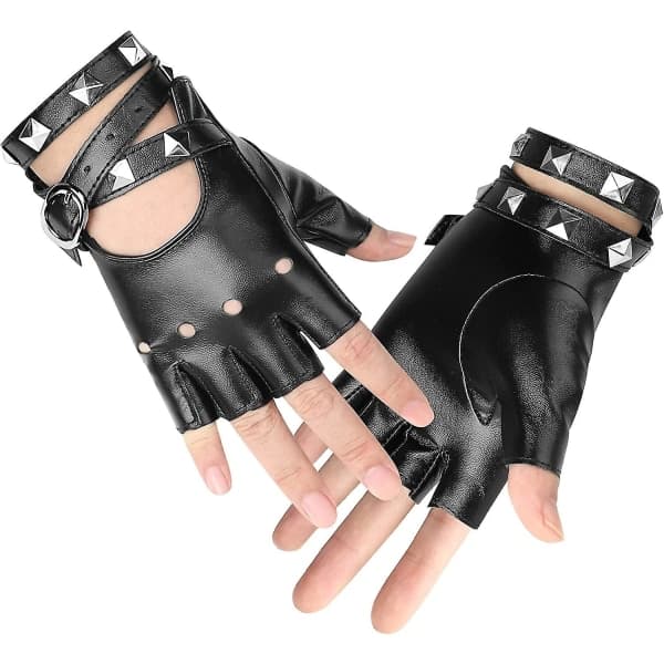 Læder Punk Handsker Fingerløse Handsker til Kvinder, Kørsel, Cykelsport, Sort