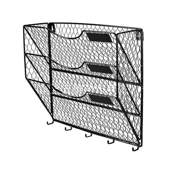 3-Tier Metal Mesh File Organizer Hanging Mail Rack With Hooks Letter Document Magazine Office