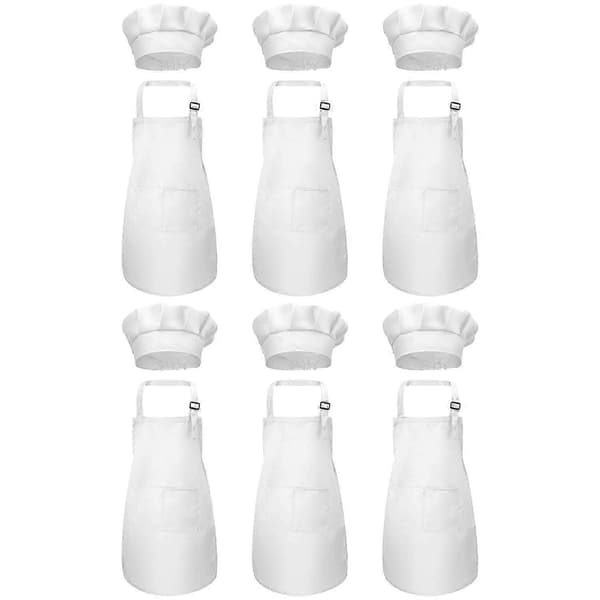 12-Piece Apron and Chef Hat Set, Adjustable Kids Apron with Pockets (White, Suitable for 2-6 Years Old)
