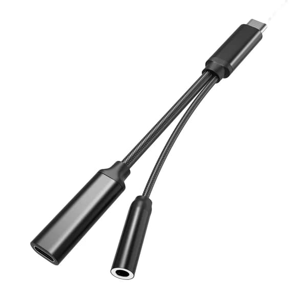 Black Braided USB-C Dual Port Multifunctional Compact Adapter Cable for Mobile Devices with USB-C Charging, Data Transfer, and 3.5mm Audio Jack