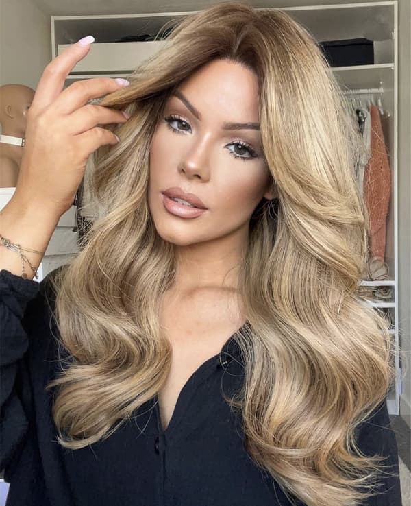 Peruk dam långt hår brunt blont gradient mellanbred våg långt lockigt