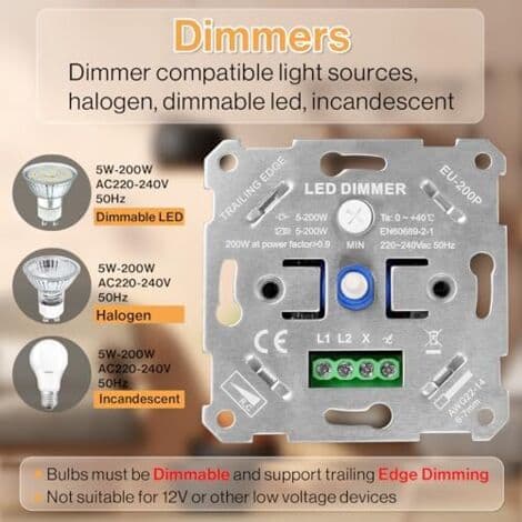 230V LED Dimmer Switch, Compatible with 5-250W LED/Halogen Lamps, Flush-mounted, with White Cover Plate and Without Brackets.
