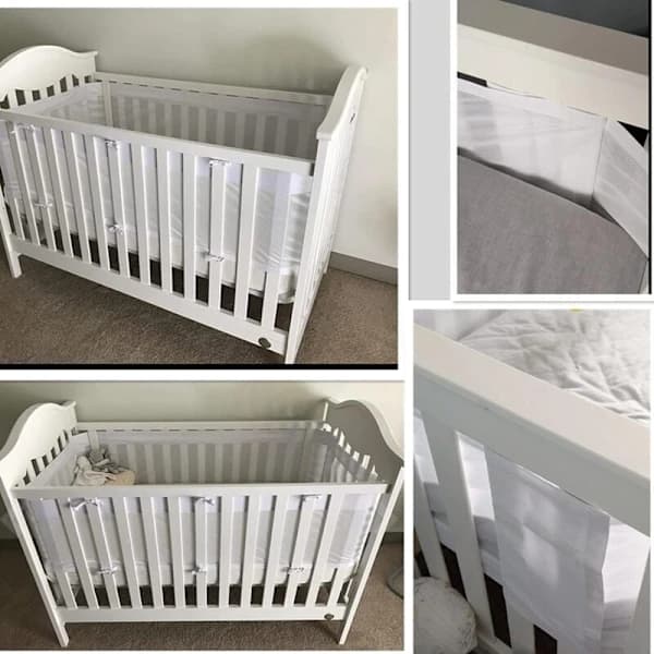 Pustende sprinkelsengbeskyttere i netting, 4 sider, antikollisjon for babyseng - hvit