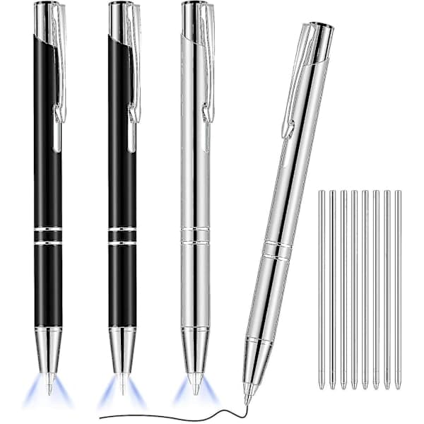 4 stk. lyse metal kuglepenne med LED-belysning, sorte