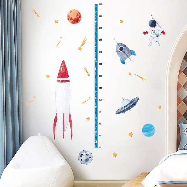 Raket Väggdekaler Planeter Höjdmätning Diagram Väggdekal Rymd Väggdekoration Baby Boy Sovrum Vardagsrum