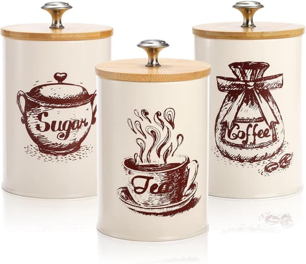 Set med 3 förvaringsburkar 740 ml med bambulock, metall, beige, för kaffe, socker och te