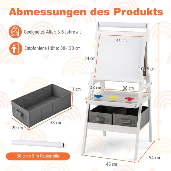 3-i-1 børnestaffeli med tavle, whiteboard og papirrulle