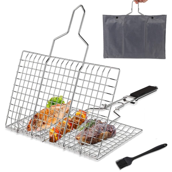 BBQ Grilling Basket, Foldable Stainless Steel Barbecue Grill Basket with Removable Handle, Basting Brush and Storage Bag