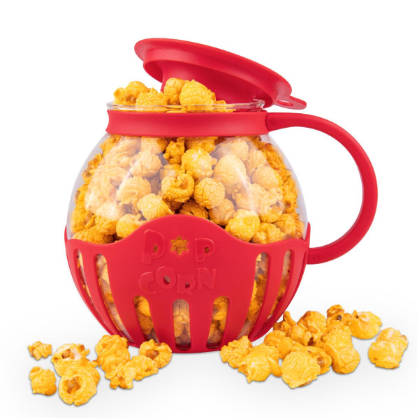 Popcorn-tillverkare i glas, 2,25 liter original popcornburk med silikonlock, BPA-fri, diskmaskinssäker red