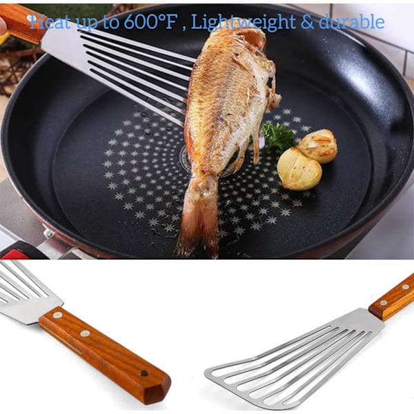Metallspatel med spor for non-stick panner, egnet for matlaging, grilling og steking av egg
