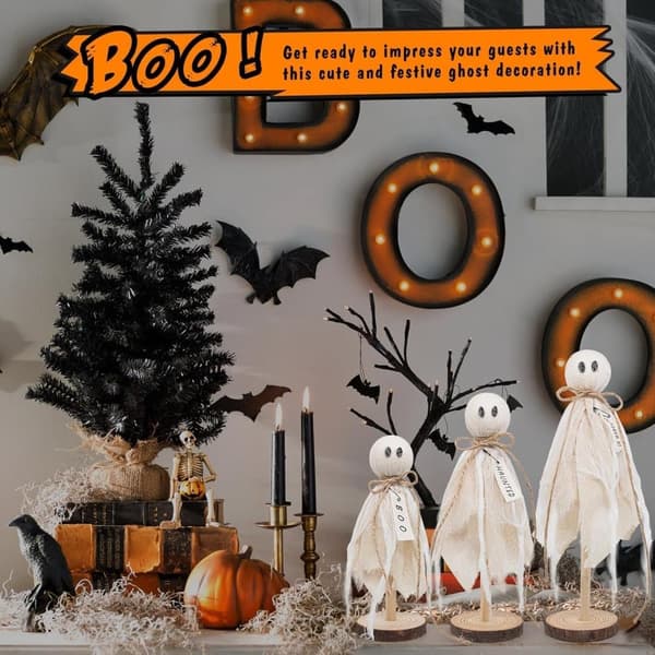 3-pack Wooden Ghost Decoration - Halloween Decoration Rustic Figures for Shelf, Table & Ghost Party_OF