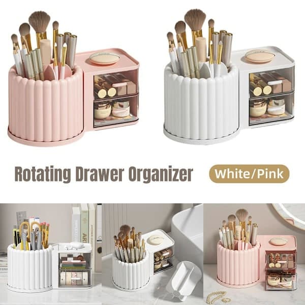 Rotating cosmetic pen holder and storage box, dustproof and waterproof, pink