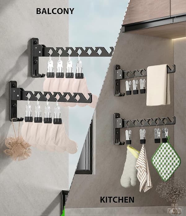 Vægmonteret tøjbøjle sort aluminium foldbar pladsbesparende