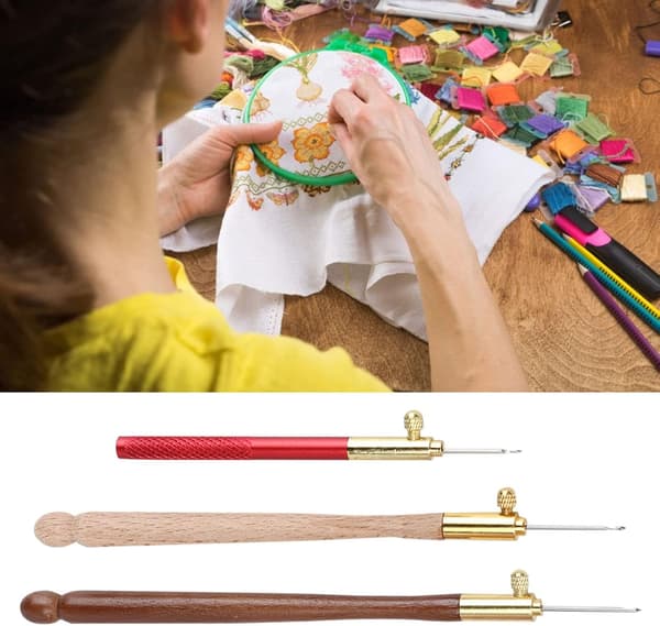 Broderinåler, 3 stk i rustfritt stål med trehåndtak, for broderi, perling og paljetter