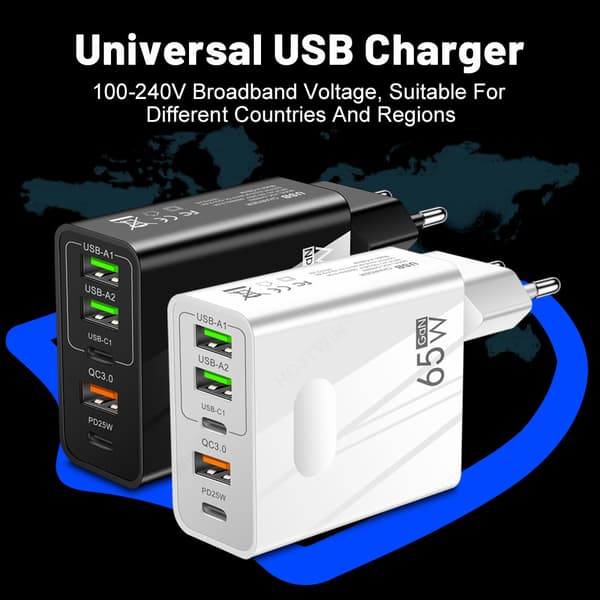 PD65W Hurtigoplader til mobiltelefon, 5V/7.2A, 9V/4A, 12V/3A, EU/amerikansk standard, sort