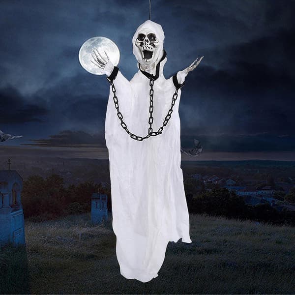 Halloween Decorations Hanging Ghost, Skeleton With Red Eyes And Voice, Scary Skeleton Props