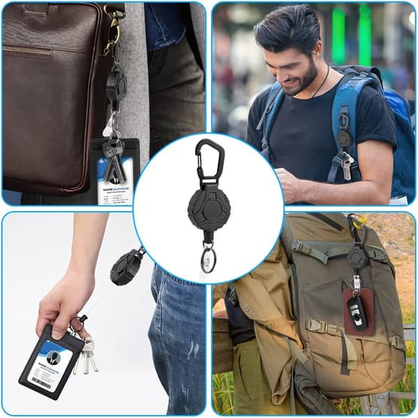 Black ABS Card Holder Retractable Keychain Wire Carabiner Outdoor Hiking