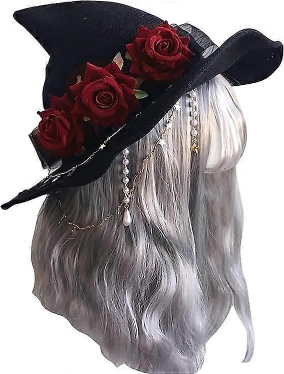 Sort Strikket Heksehat med Rose til Kvinder Bredskygget Spids Halloween Troldmandshat