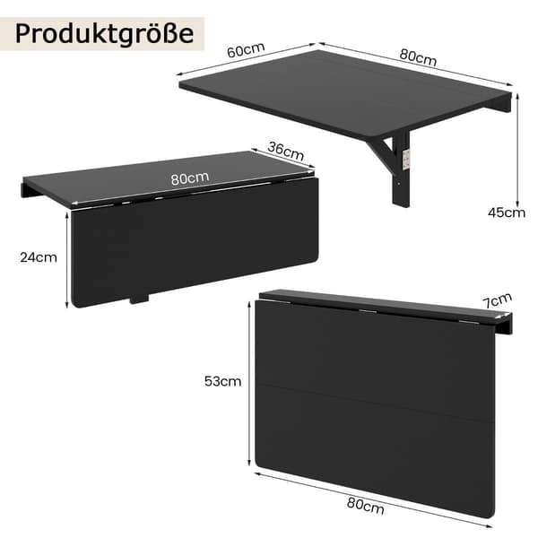 Väggmonterat hopfällbart köksbord 80 x 60 cm Svart