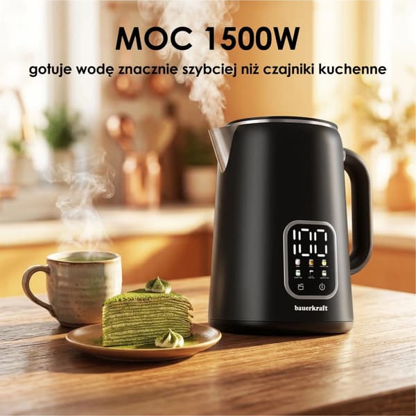 Trådløs elkedel 1,7 l, smart temperaturkontrol, rustfrit stål, sort