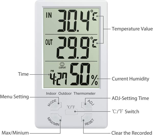Digitalt hygrometertermometer, LCD digitalt termometer med sonde, indendørs og udendørs hygrometer, køleskabstester sensor