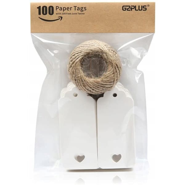 100 julegavelapper i kraftpapir 4,5 x 9,5 cm med 30 m gult snøre