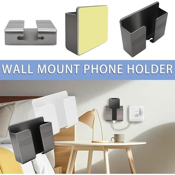 Mobile Phone Wall Mount, 4-pack, with 3M Self-Adhesive, Mobile Phone Wall Mount, Remote Control, Wall Mount, Phone Holder for Bed, Living Room (Grey)