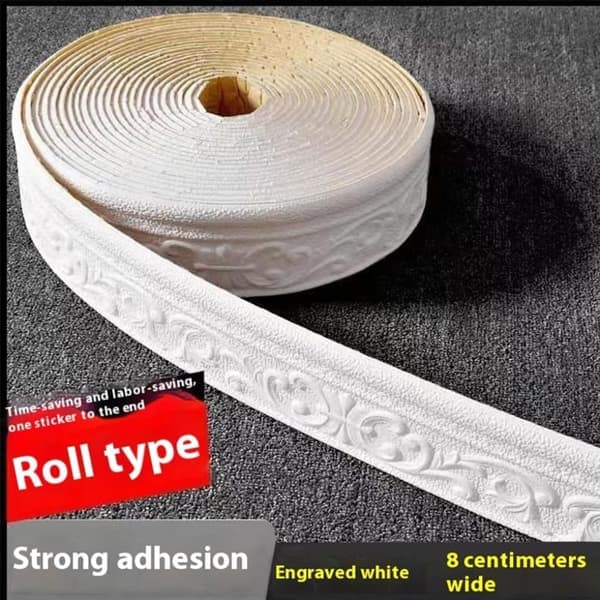 Wall trim for baseboards, foam trim, 9.2 m length, 8 cm width, embossed relief effect edges, white