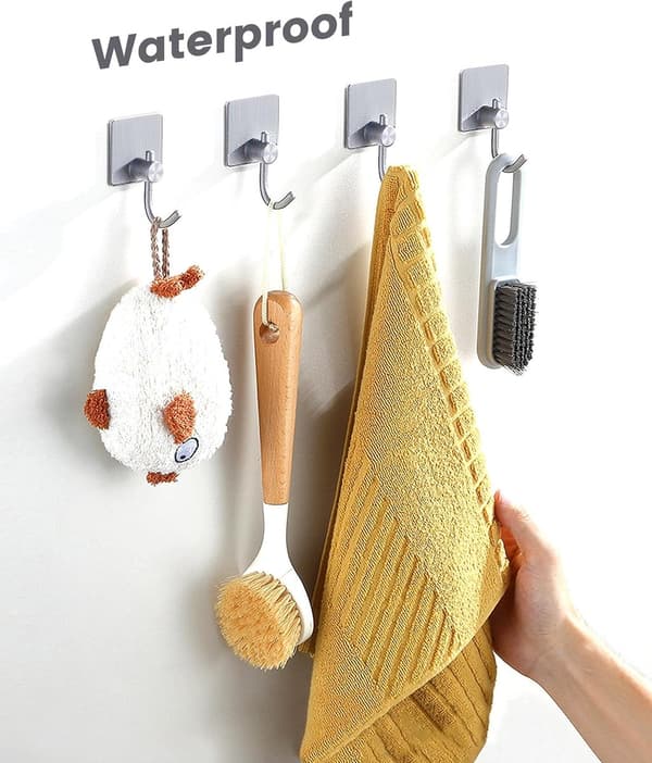 Self-Adhesive Towel Hooks, Heavy Duty 304 Stainless Steel Wall Hooks No Drilling for Bathroom Kitchen Bedroom, Silver 4-Pack