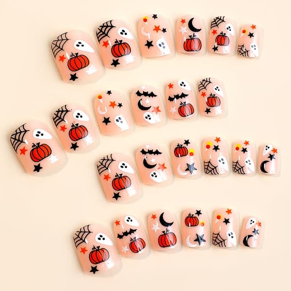 Halloween Press-on Nails Short Square - 24 Full Cover False Nails with Spooky Design-FX-