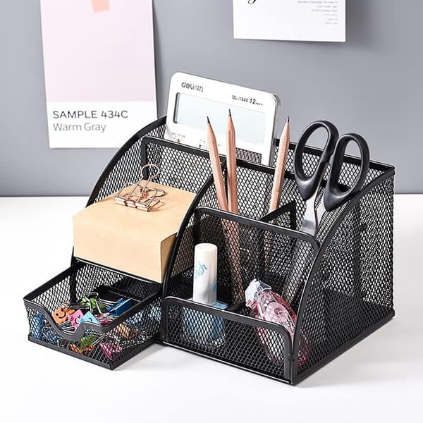 Black Metal Mesh Desk Organizer with Pull-Out Drawer