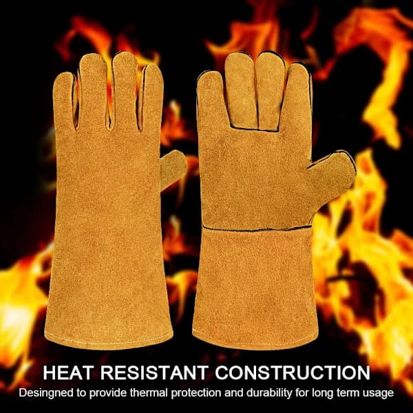 Welding Gloves Heat Resistant Split Leather with Cotton Lining for Welding Grilling Fireplace Gardening Yellow 33.3 cm