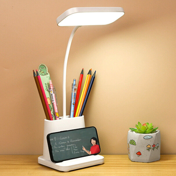 LED-bordslampa Penna Telefonhållare USB Uppladdningsbar läslampa i sovrummet Dimbar