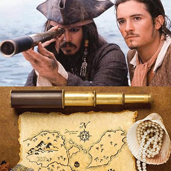 25x30 Pirate Brass Telescope, Zoomable Spyglass, Foldable Handheld