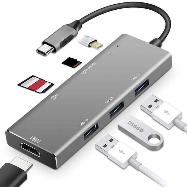 USB Hub 3.0 7-i-1 100W PD Dock Splitter med Kortleser for Windows, for Mac