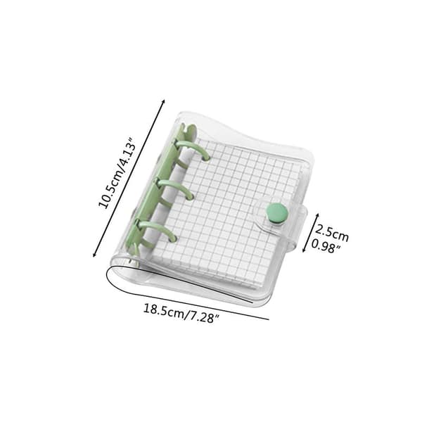 Mini transparent 3-ring binder with grid pages and pockets, clear PVC cover with snap button
