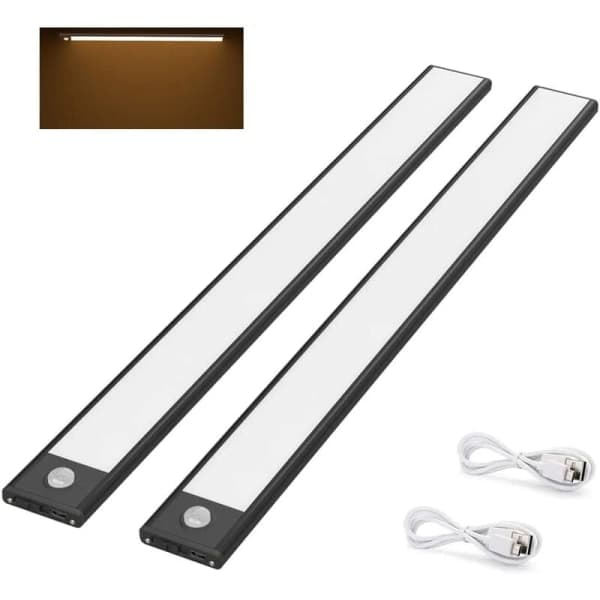 2 LED-lamper for garderobe, 40 cm, trådløse, USB-oppladbare