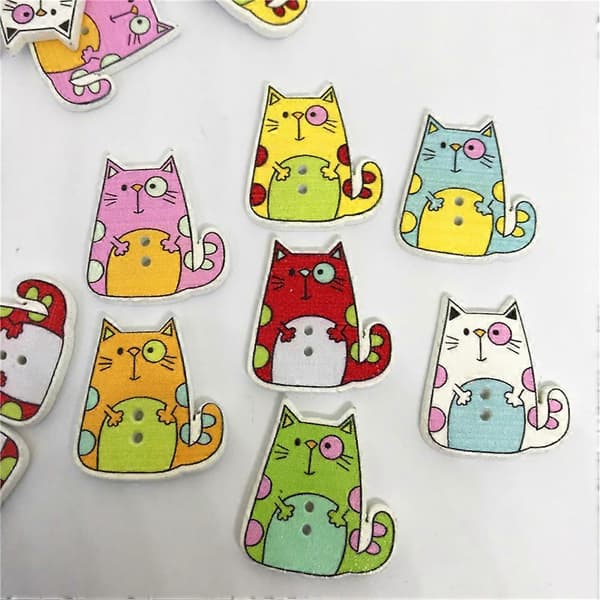 50 pcs Wooden Buttons Colorful Eco-friendly Cat Home Pattern Printed DIY Buttons (Mixed Colors)