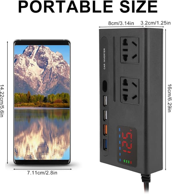 12V-220V Bilinverter 150W med digitalt display og USB-hurtiglader