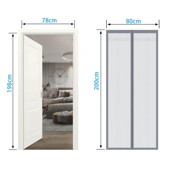 Magnetisk skjermdør passer til dører opptil 90 x 210 cm, skjermdør i kraftig mesh - selvlukkende, håndfri, borrelås på rammen 90 x 210cm Grey