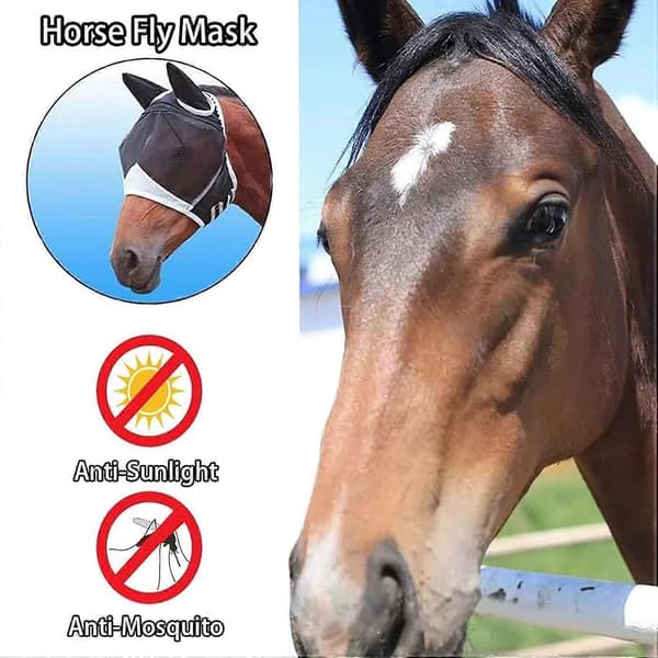 Hestefluemaske med ørebeskyttere - Åndbart net, Anti-UV, Beskyttelse mod fluer og insekter