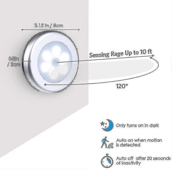 6-pak Bevægelsessensorlampe. Garderobelampe. LED-sensorlamper. Batteridrevet Newway