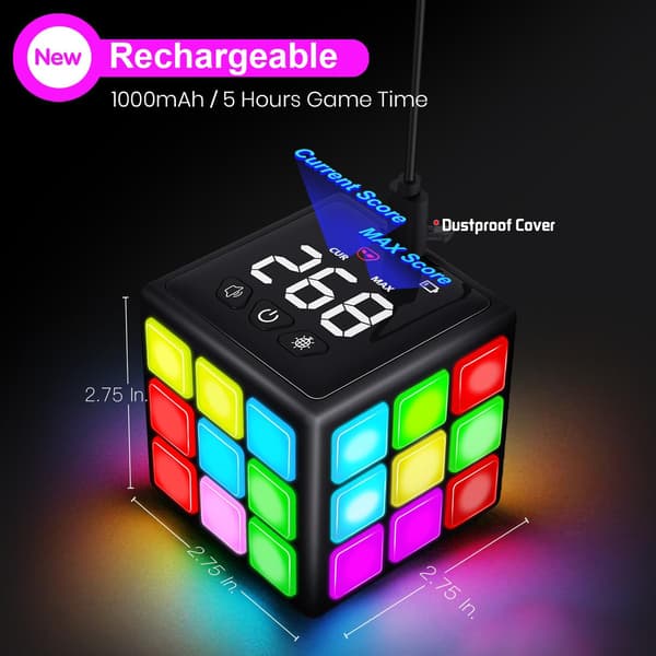 Rechargeable Game Cube - 15 Fun Brain and Memory Games with Score Display (Black)