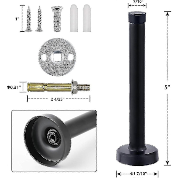 Dørstopper, 15 cm lang dørstopper, veggmontert, kraftig solid svart dørstopper børstet rustfritt stål med myk gummiknott - Perfekt black 5 Inch*10